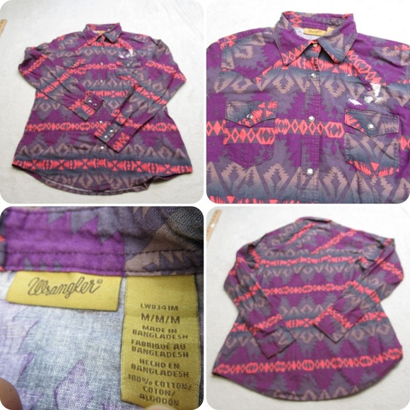Wrangler Pearl Snap Shirt Women Medium Purple Aztec Southwestern Cowgirl VTGREAD - Picture 1 of 13